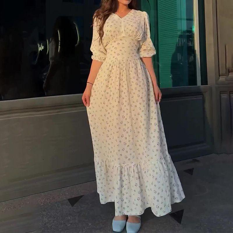 

2024 European and American Foreign Trade Women clothes Cross-Border Summer V-neck Lantern Half Sleeve High Waist Temperament Slim fit Patchwork Dress White 2XL