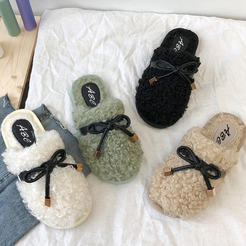 Autumn and winter Baotou hairy slippers, fashionable bow flat bottom anti slip wooden floor cover, foot hair mop