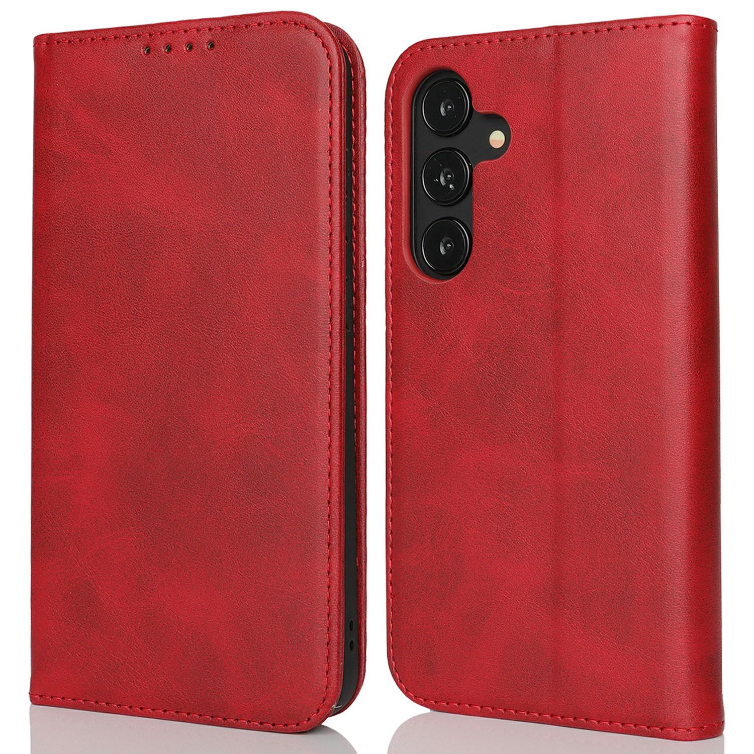 

Чехол для Samsung Galaxy S25+ из ПУ кожи с текстурой теленка, магнитная застежка, чехол для смартфона Red