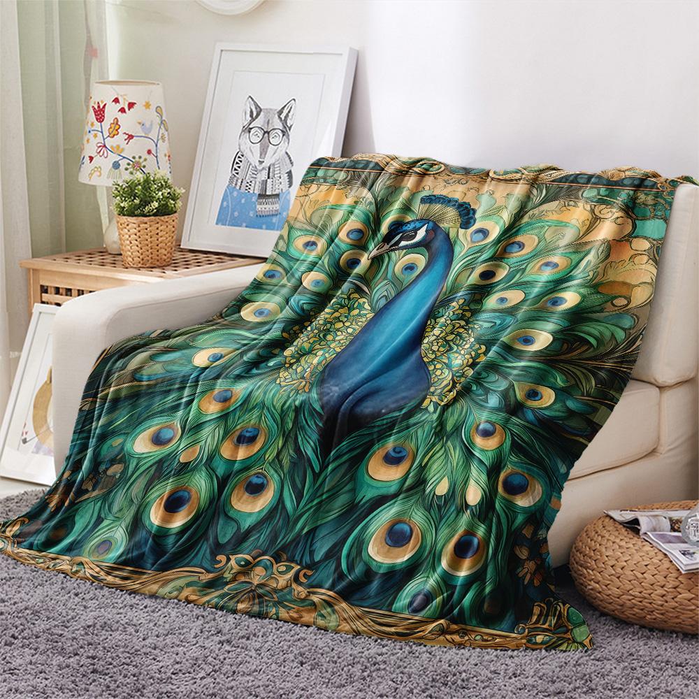 Peacock with Fanned Tail Print Flannel Blanket, High quality Comfortable for All Seasons, Home Decor, Warmth and Comfort