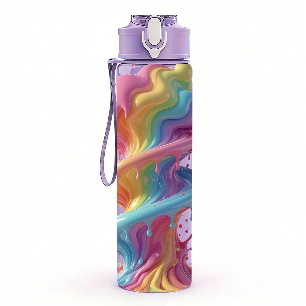 1PC Twisted Rainbow Smoke Swirl Print 750ml Color Plastic Sports Water Bottle Leakproof Flip Straw Lid Suitable for Sports Office Home Use