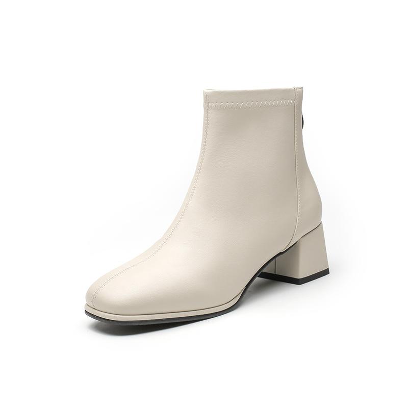 Beige Stiefel mit dickem Absatz Damen Frühling und Herbst Einzelstiefel High Heels dünne Stiefel Martin kleine eckige Zehenpartie Schafsleder weiße Damenstiefel