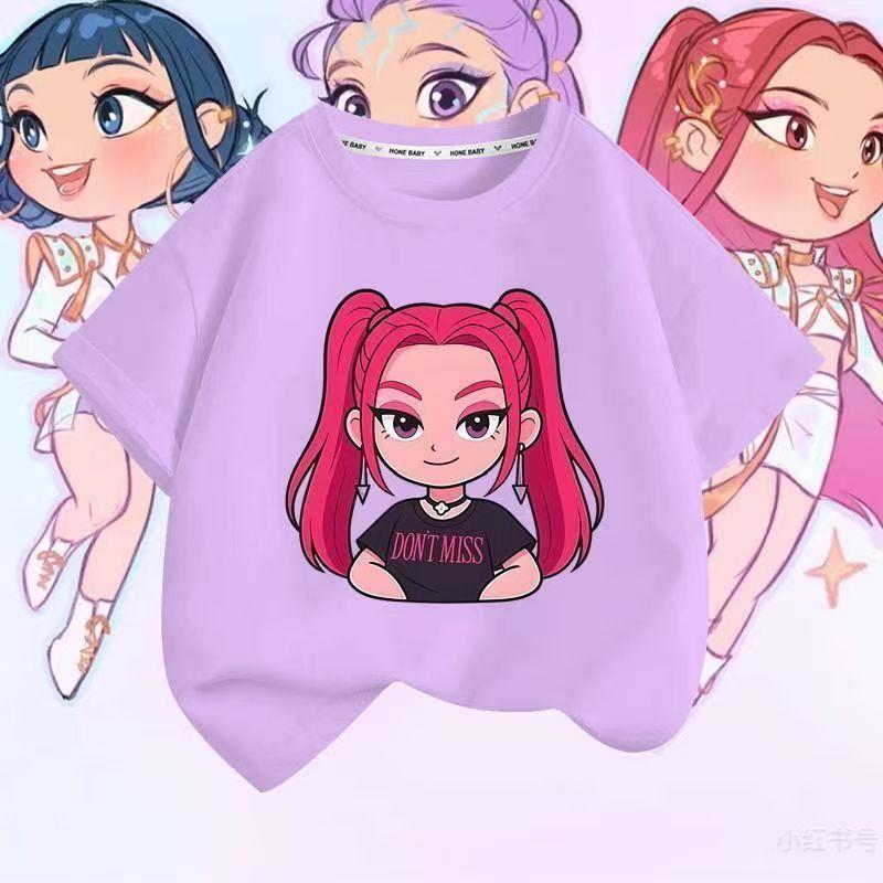 School Girls Pink Purple Sumer T-shirt Outdoor Leisure Anime Girl Clothes Summer Tee Tops