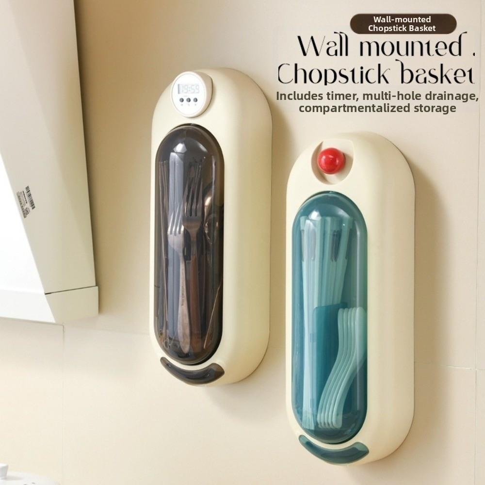 Quick Air Drying Rotatable Chopstick Holder Punch-Free Dustproof Tableware Storage Rack Large Capacity with Digital Timer