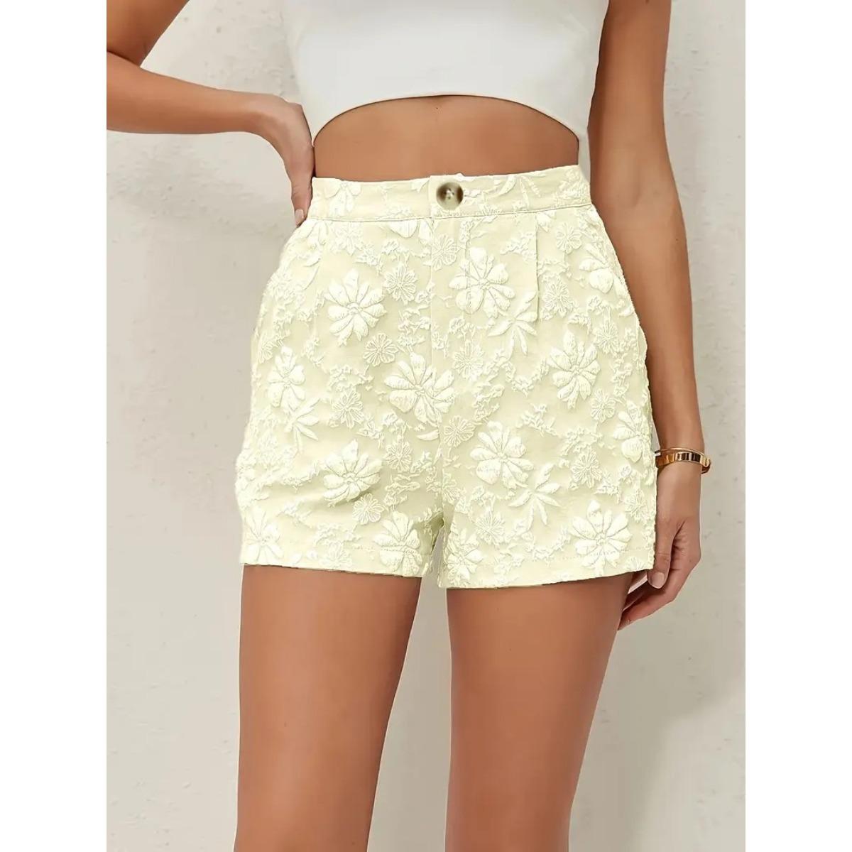 New Cross-border Women s Fashion Solid Color High Waisted Casual Jacquard Shorts 1XL