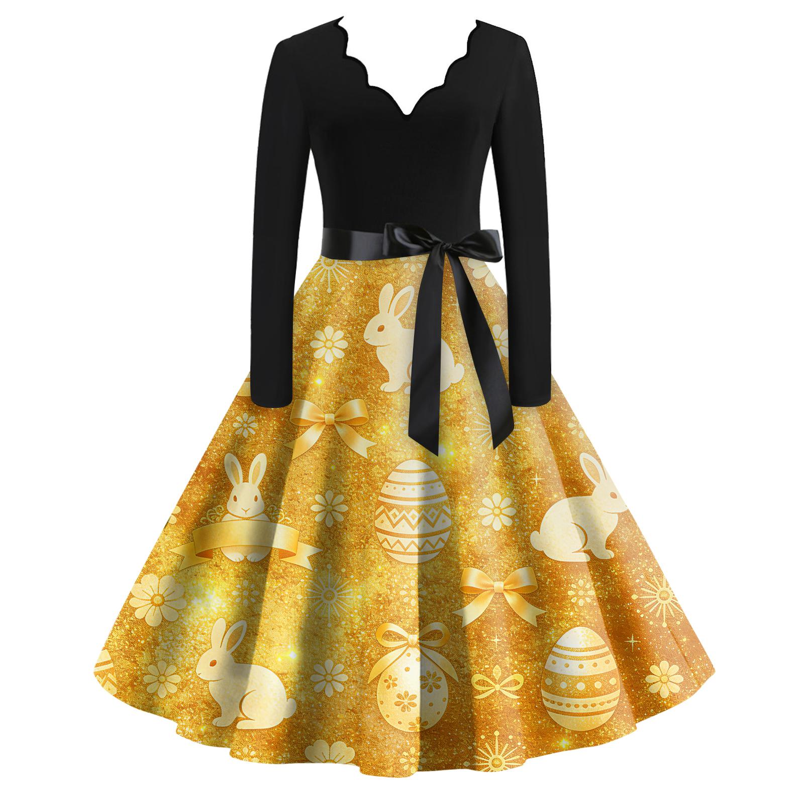 

Женское повседневное модное платье с V-образным вырезом и длинными рукавами в стиле ретро с рождественским принтом M золотой