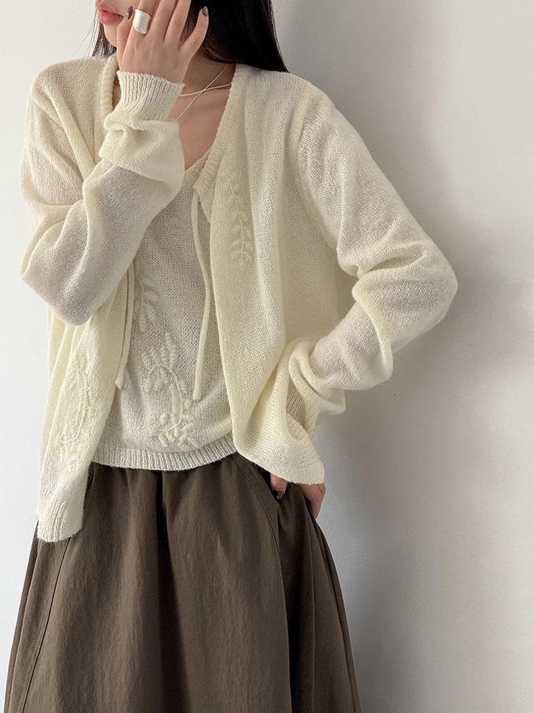 Orange Zizhi Autumn Korean Style Embroidered Vest & Matching Cardigan Sweater Set 9607.