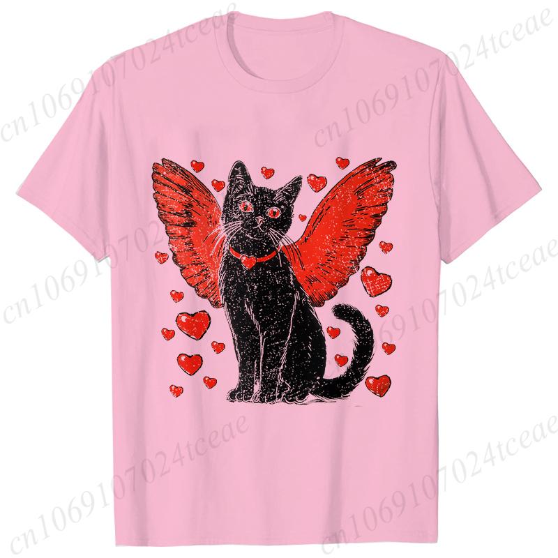 Summer Womens T Shirt Short Sleeve Valentine Black Cat Print Casual Heart Love Cat Valentine Fashion Trendy Clothing TShirts S