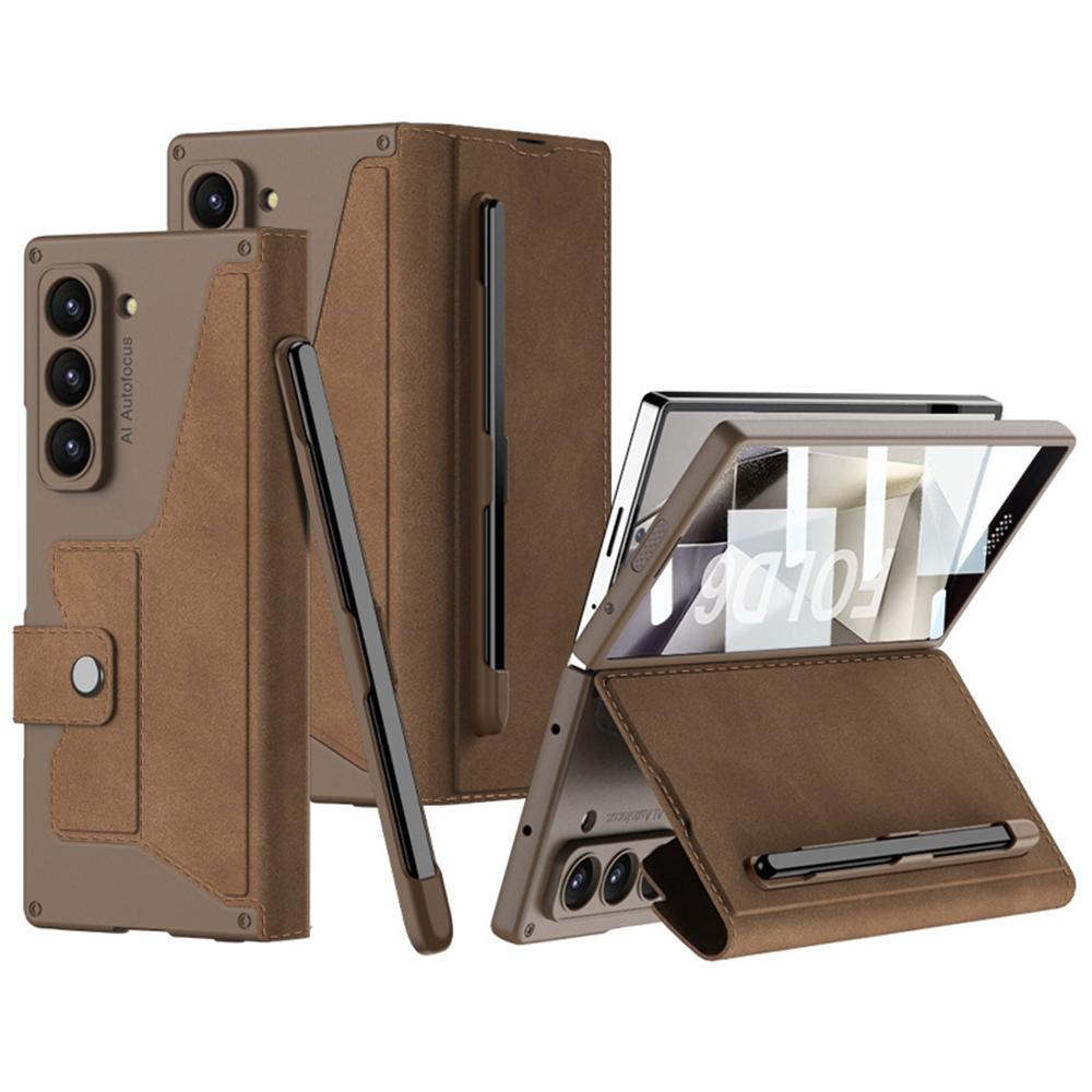 

GKK For Samsung Galaxy Z Fold6 5G Kickstand Case Pencil Slot PC+PU Phone Cover with Screen Film Brown