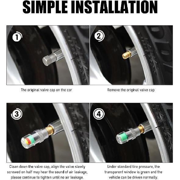 4 PCS Tire Pressure Monitor Valve Stem Caps, 2.4Bar 36PSI Car Tire Pressure Monitor Sensor Indicator with 3-Color Eye Alert, Universal Valve Stem
