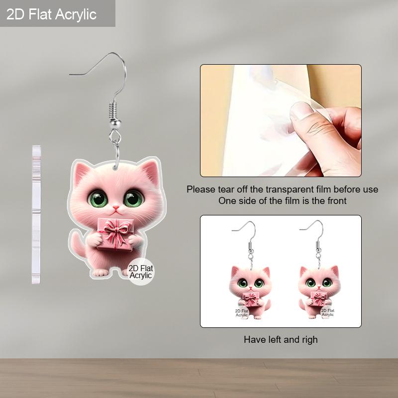 2D Flat Retro Pink Cat Gift Box Women's Acrylic Dangle Earrings Christmas Party Jewelry Gift