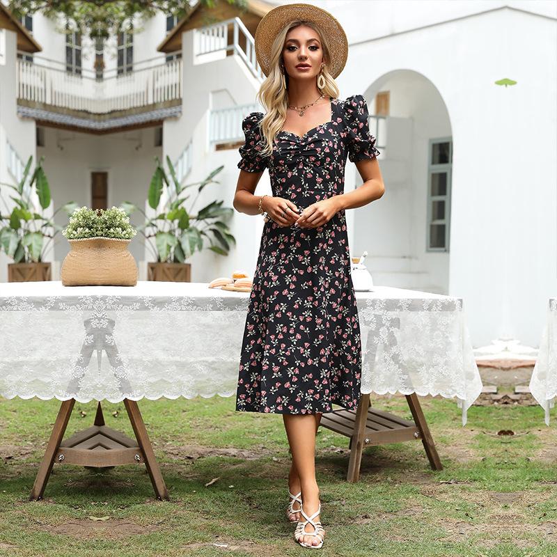Summer retro pastoral floral dress v-neck bubble sleeve dress