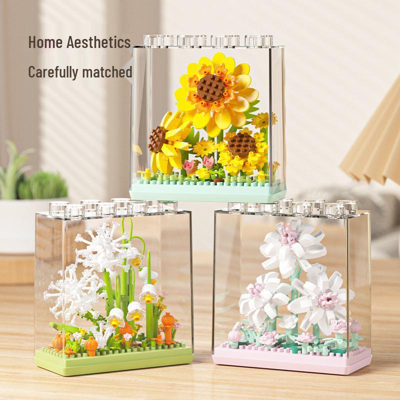 2025 New Celebrity Champagne Rose Potted Plant Model: Educational Building Blocks Toy Gift