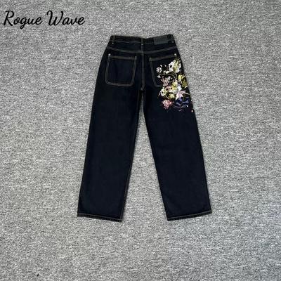 RogueWave High Quality Y2K Harajuku Jeans Goth Vintage Plum Blossom Embroidery Pattern Wide Leg Pants Denim Fabric American Style Street Wear Unisex