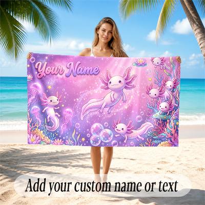 Axolotl Theme Quick Dry Beach Towel Custom Name Text Print Large Sand Resistant Towel Beach Vacation