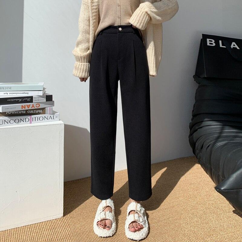 

Осень-зима, теплые утепленные широкие брюки с высокой талией, элегантные офисные женские повседневные свободные однотонные простые элегантные прямые брюки XXL