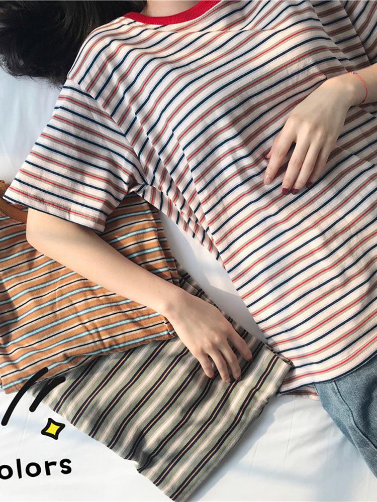 Women's Crew Neck Short Sleeve T Shirt Loose Fit Casual Stripe Print Basic Top Summer Daily Blouse