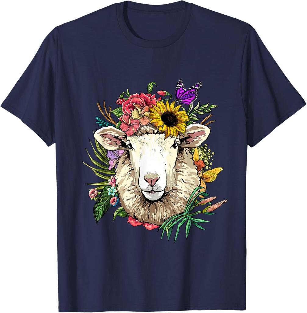 Blumen Schafskopf Kranz T-Shirt Tierliebhaber Bauernhof Grafik T-Shirt Frühling Sommer Freizeit