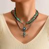 Jewelry Retro Imitation Turquoise Collarbone Chain Niche Ethnic Wind Leaf Love Cow Head Inlaid with Turquoise Multi-layer