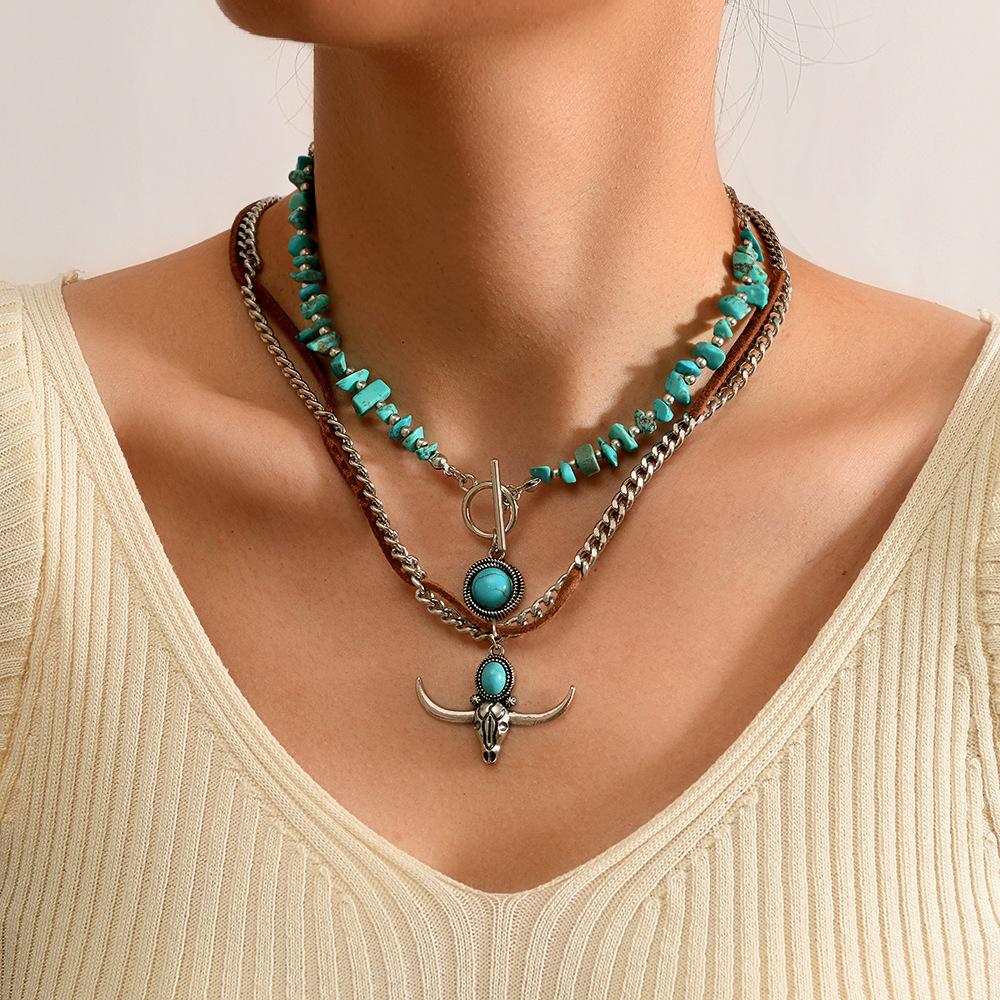 Jewelry Retro Imitation Turquoise Collarbone Chain Niche Ethnic Wind Leaf Love Cow Head Inlaid with Turquoise Multi-layer