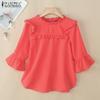 ZANZEA Women Casual Fungus Ruffled Edge Crew Neck 3/4 Sleeve Blouse