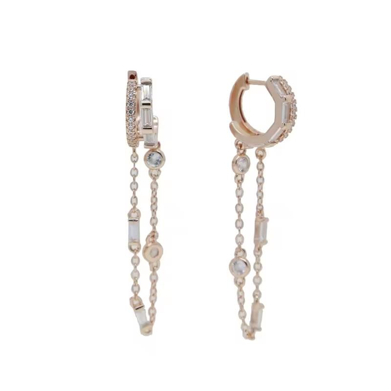 Luxury Iced Out Bling 5A Cubic Zircon Tassel Chain Drop Hoop Earring Women Wedding Fashion Jewelry