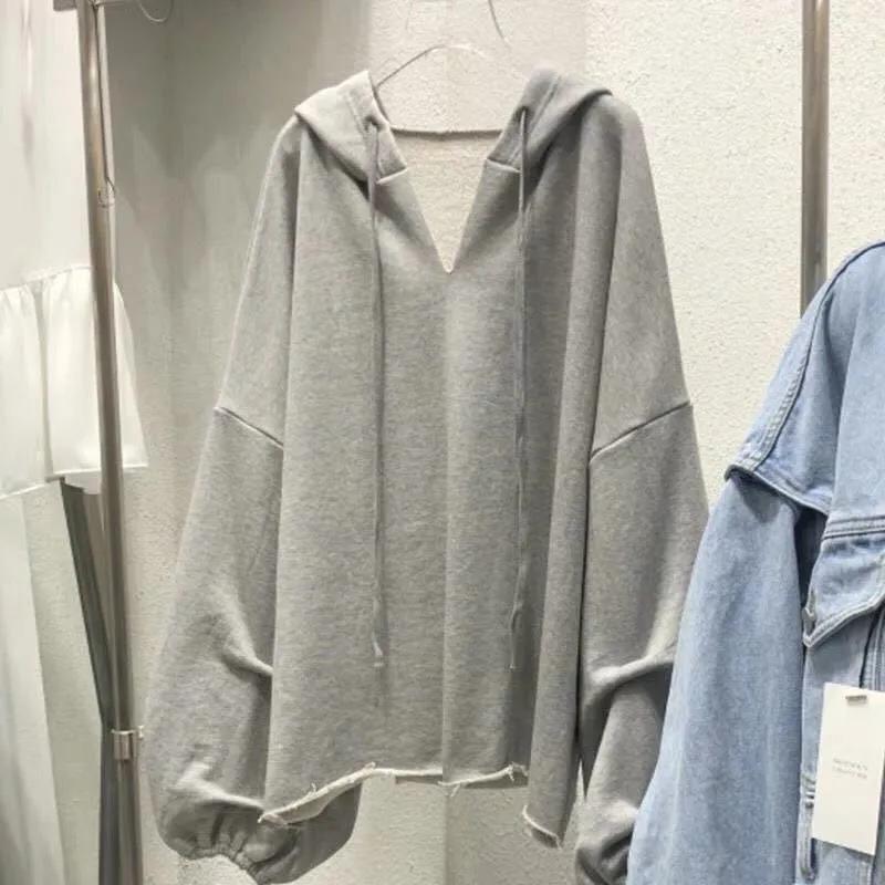 Spring  Autumn Women's V-Neck Hooded Cotton Sweater Thin Loose Solid Color Hooded Top