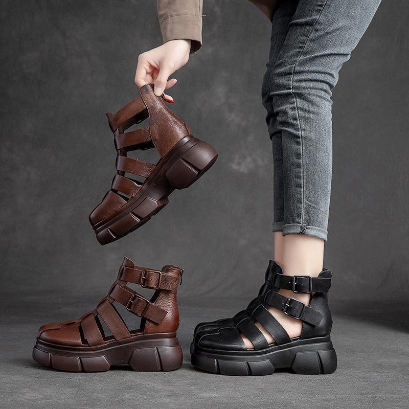 Fashion Hot Quality 6CM Retro Thick Heel Sandals for Women Genuine Leather Summer High Heel Closed Toe Sandals Buckle ZIP Platform Shoes