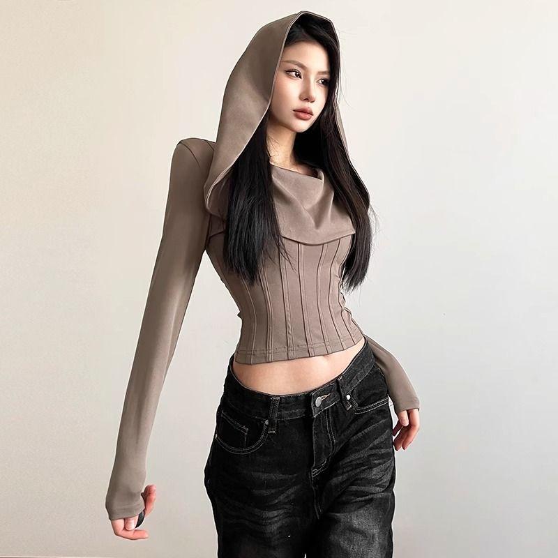 T-shirt a maniche lunghe con doppio cappuccio, stile Design Sense, colore Dune Wasteland Wind, da donna, aderente, corta, stile Spice Girl, per Instagram
