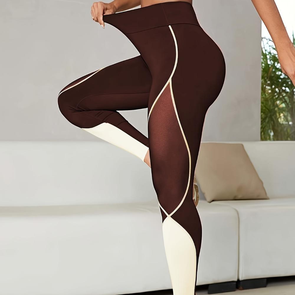 Women's Color Blocked Mesh Yoga Pants with European and American Splicing, High Waist and Hip Lifting Running Sports Pants