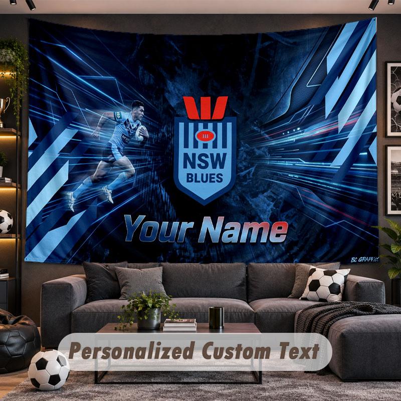 Wall Hanging Tapestry Custom NameNSW Blues Pattern Personalized Printed Fabric Wall Decor
