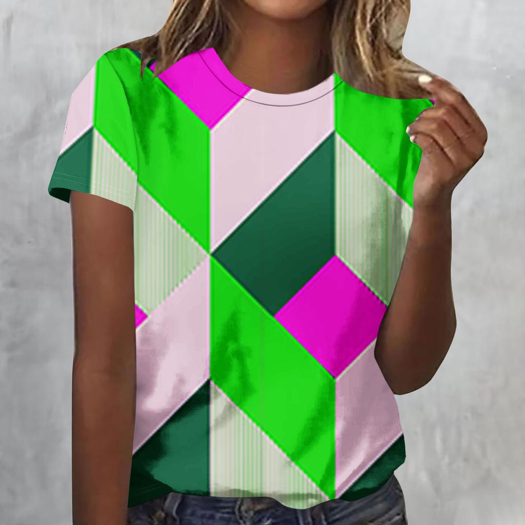 Summer Round Neck 3D Geometric Figure Print Top Fashionable Casual Short Sleeved Women's T-shirts