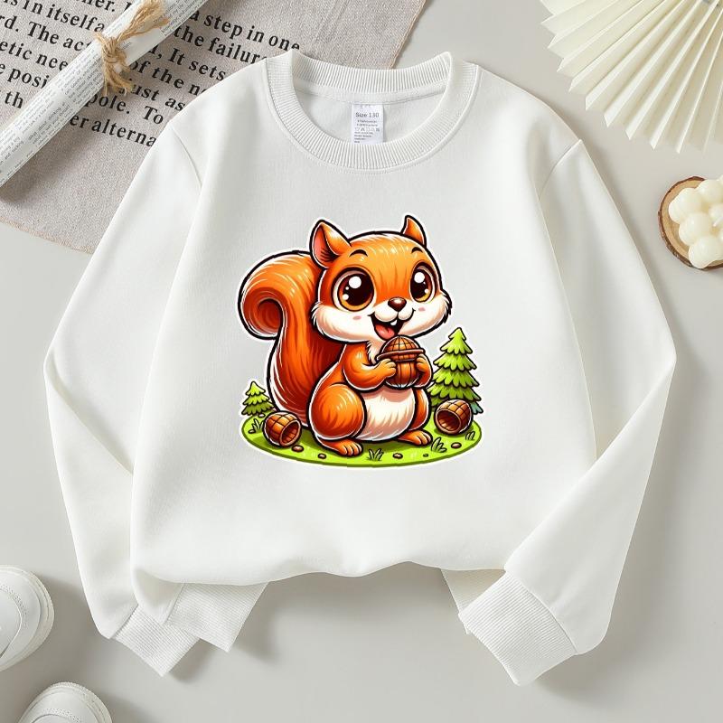 Kids Crewneck Sweatshirt, Cute Squirrel Holding Acorn Cartoon Print, Soft Casual Pullover for Fall Winter