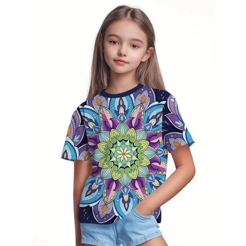 Beautiful T-Shirt for Girls Beautiful Flower 3D Print Summer Fashion Round Neck Short-Sleeved Tops Casual T-Shirts for Children