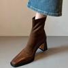 Square Toe High Heel Booties Women's Vintage Suede Paneled Autumn Winter Block Heel Stretch Skinny Boots