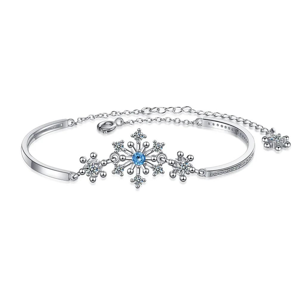 New Snowflake Bracelet Fashion Female Models Cute Wild Super Flash Soild Sterling Silver Blue Crystal Wedding Gift белый