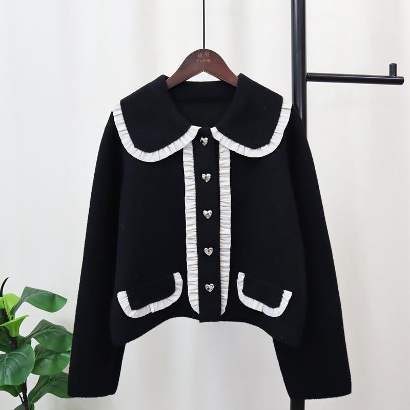 

Осень и зима новый контрастный цвет кукольный воротник вязаный двусторонний кардиган свободный короткий темпераментный свитер куртка женский one size fits all чёрный