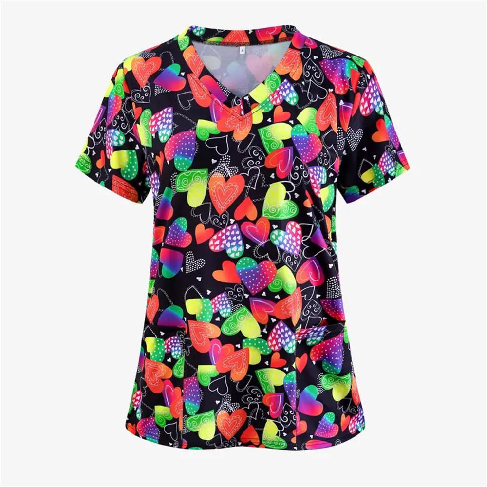 Women's T-shirt V-neck Nurse Uniform Casual Short Sleeved Women's Printed Heart T-shirt