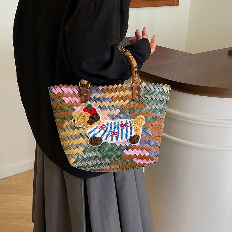 Retro Striped Dachshund Dog Woven Bag Trendy Cute Handbag Large Capacity Tote Bag  Bamboo Handle Vegetable Basket Bag
