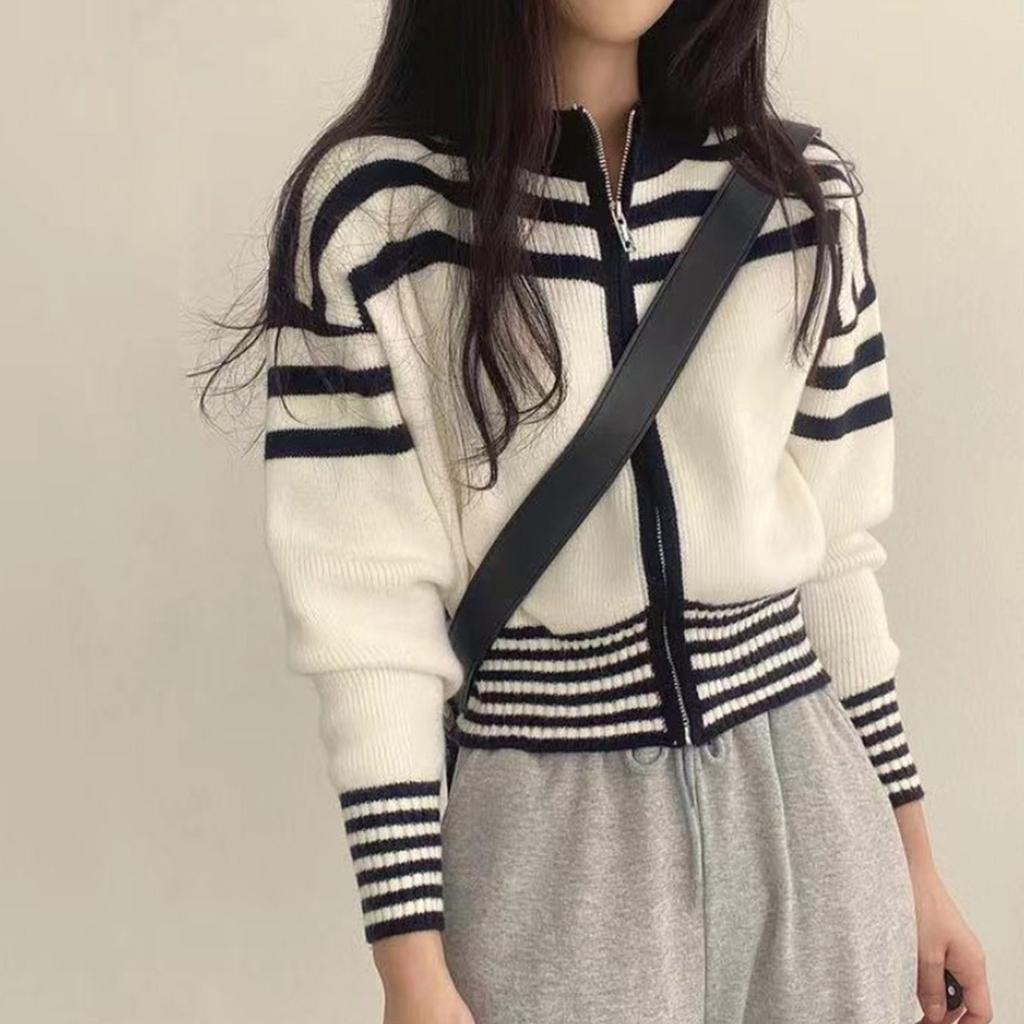 Korean Chic Autumn French Retro Zipper Stand Up Collar Waist Cinching Short Style Long Sleeved Striped Knit Sweater Jacket for Women