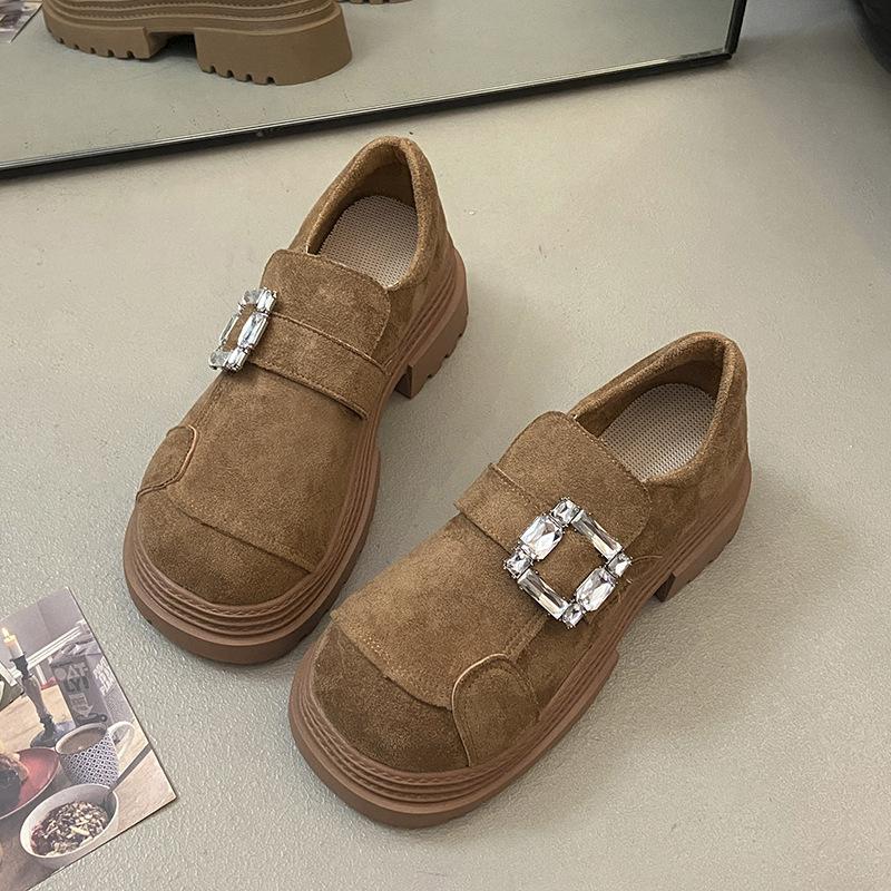 

осень-зима 2025 новая универсальная платформа с круглым носком, темпераментные универсальные лоферы в студенческом стиле, женские туфли из маленькой кожи, женские одинарные туфли 40 хаки