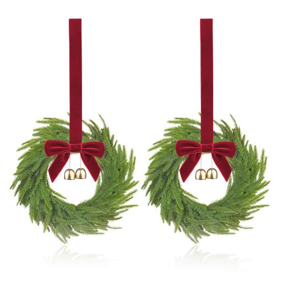 1/2Pcs Mini Christmas Wreath with Red Bow Bells Artificial Norfolk Pine Hanging Wreath Holiday Party Cabinets Window Stairs Railing Chairs Decoration