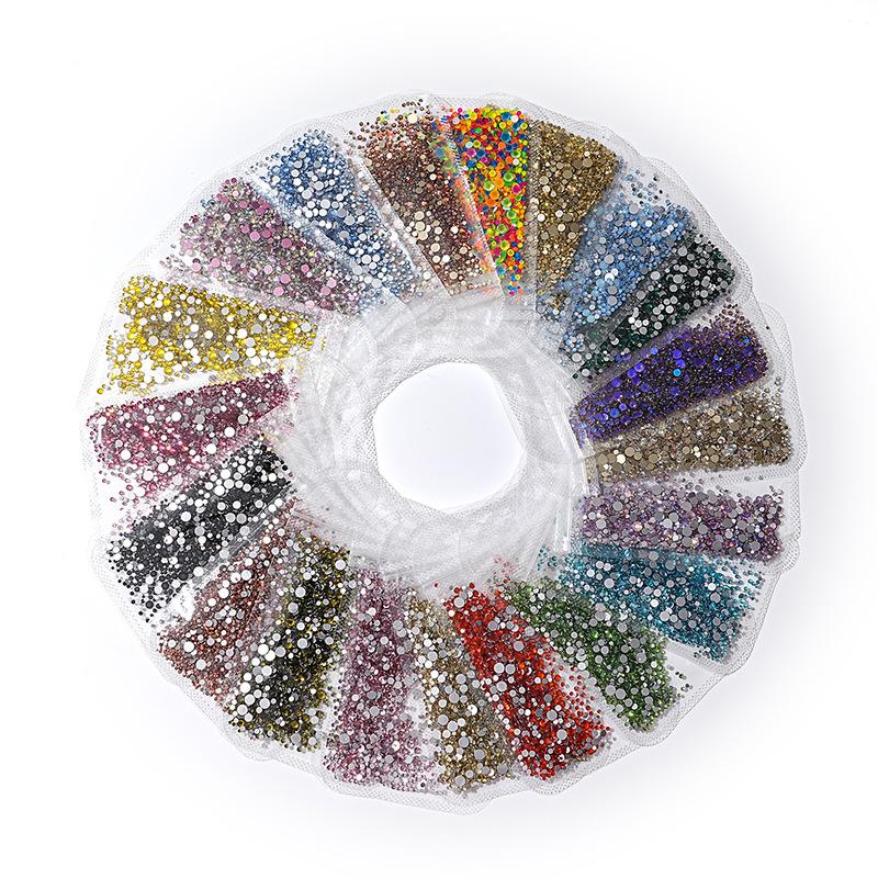 1440 buc, Un pachet întreg de manichiuri colorate, Diamante cu fund plat, Burghie din sticlă de cristal nu pot cădea de pe fund, Bijuterii cu diamante rotunde cu dimensiuni mixte.