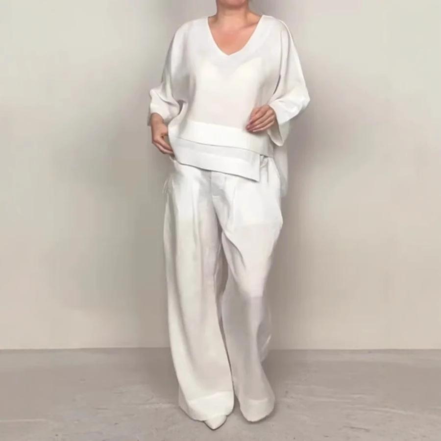 Women's Loose Fit V-Neck Layered Top with Wide Leg Pants Set In White, Grey, Black, Navy, Beige