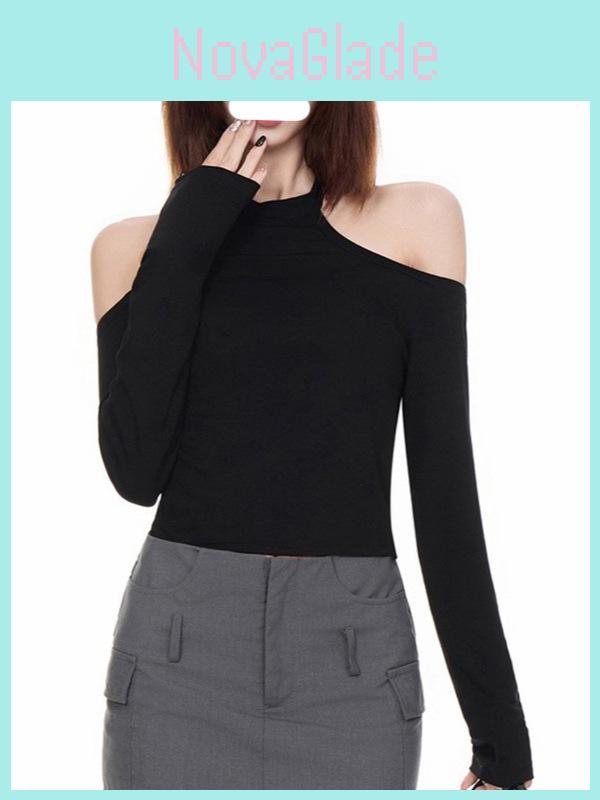 Minimalist Solid Color One Shoulder Crop Top With Spliced Long Sleeves For Casual Wear