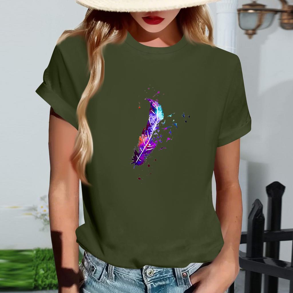 Kadın Modaya Uygun Yuvarlak Yaka Günlük Retro Baskılı Kısa Kollu Tişört Üst