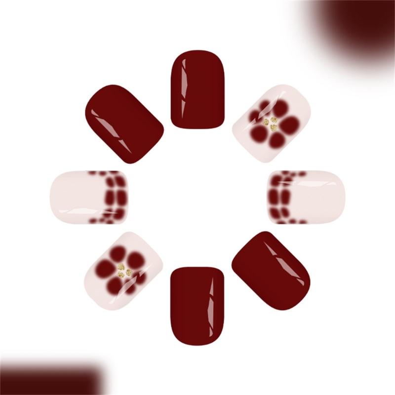 Glitters Floral False Nail French Style Coffee Brown Press On Nail 24Pieces for Autumn Winter Elegant Manicure Set