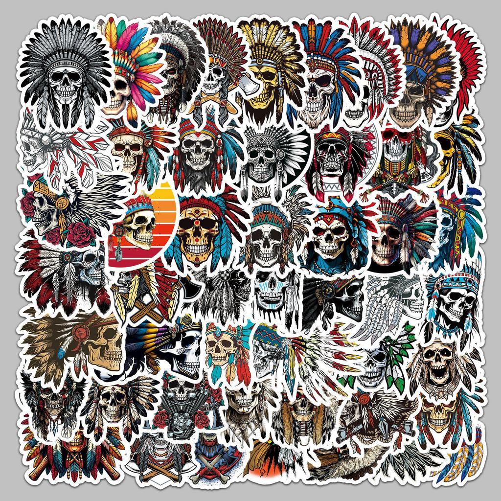 50PCS Retro Chief Skull Stickers: Cool, Creative, Waterproof Halloween Décor for Journals & Glass