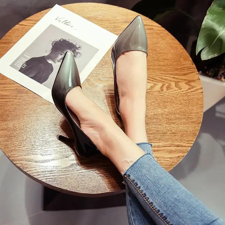 Gradient color patent leather women's shoes  spring and summer new pointed shallow mouth sexy stiletto heels work shoes drf56