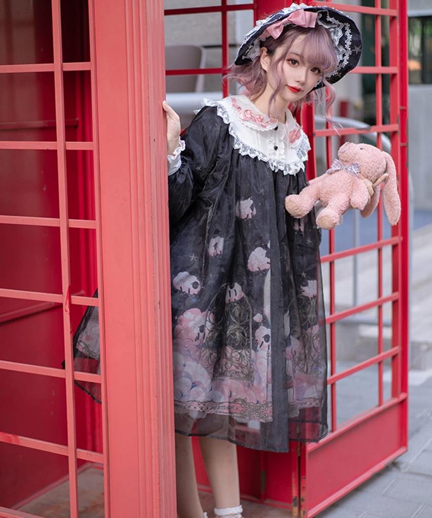 Milky Time Gothic Lolita Dress, Long Sleeve, Black Chiffon, Sheep Print, Cosplay Costume, Women's, Medium